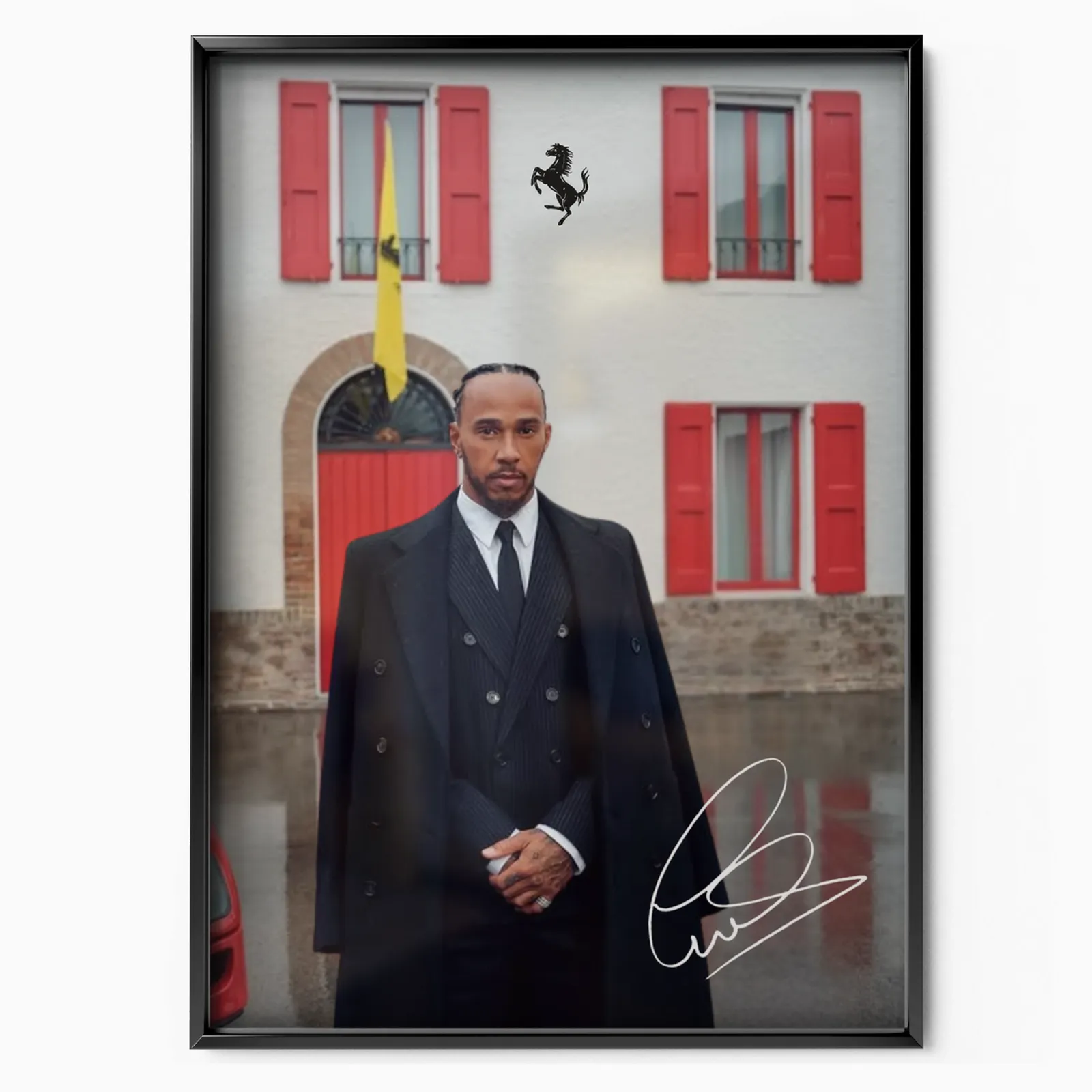 Hamilton With Ferrari Sign poster, museum grade matte print